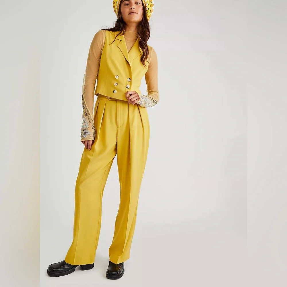 Free People Gabbie Vest Suit Set Bitter Oil Yellow Mid Rise Pant NEW Size 12 NWT
